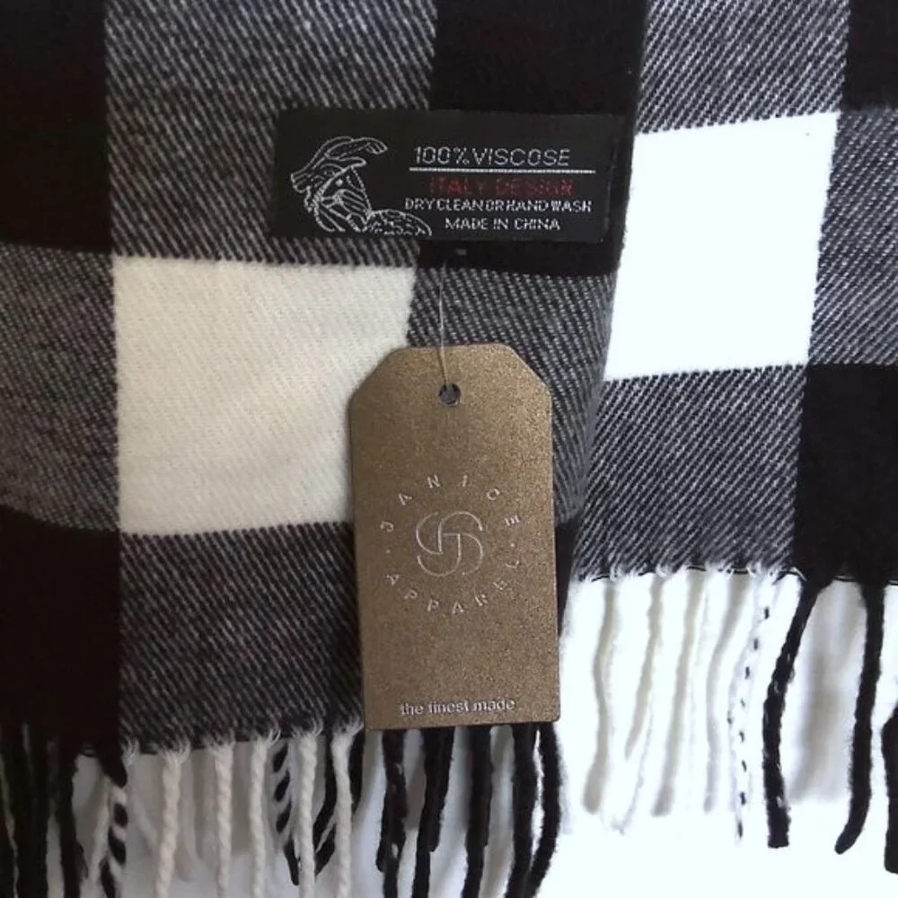 New Janice Apparel Plaid Scarf Black & White Fringe Italy Design Viscose NWT